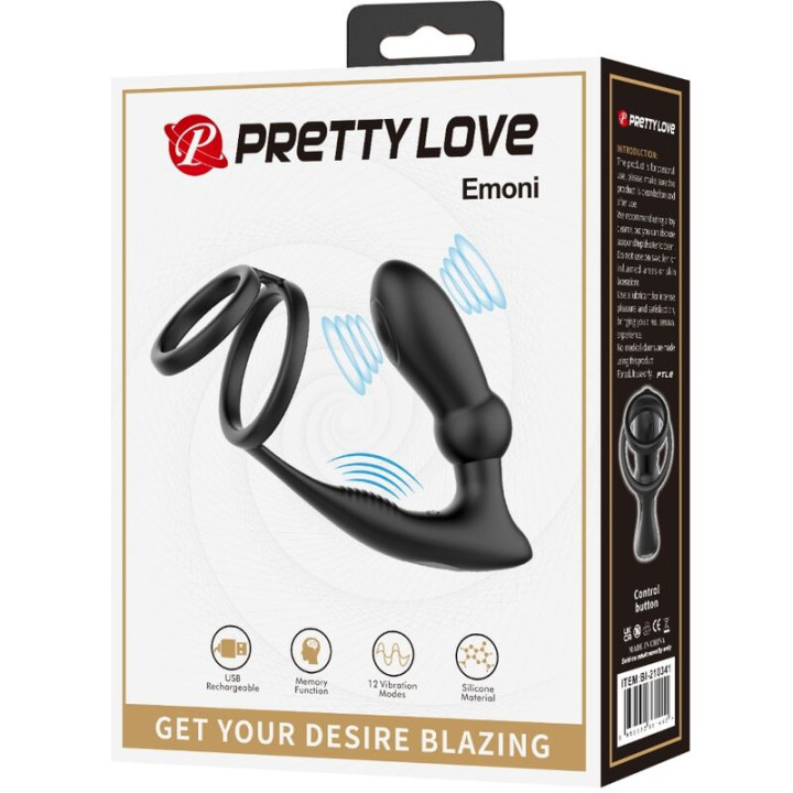 Pretty Love - Emoni Penisring + Anal Plug 12 Vibrationen Schwarz