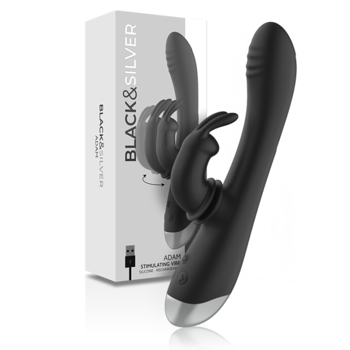 Black&Silver - dj. Stimolatore Coniglio in Silicone Ricaricabile Adam Nero