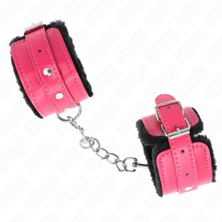 Kink - Premium Pelzgefütterte Handgelenkfesseln Schwarz Mit Himbeerrosen-Gürtel Verstellbar 17-29 cm x 6 cm