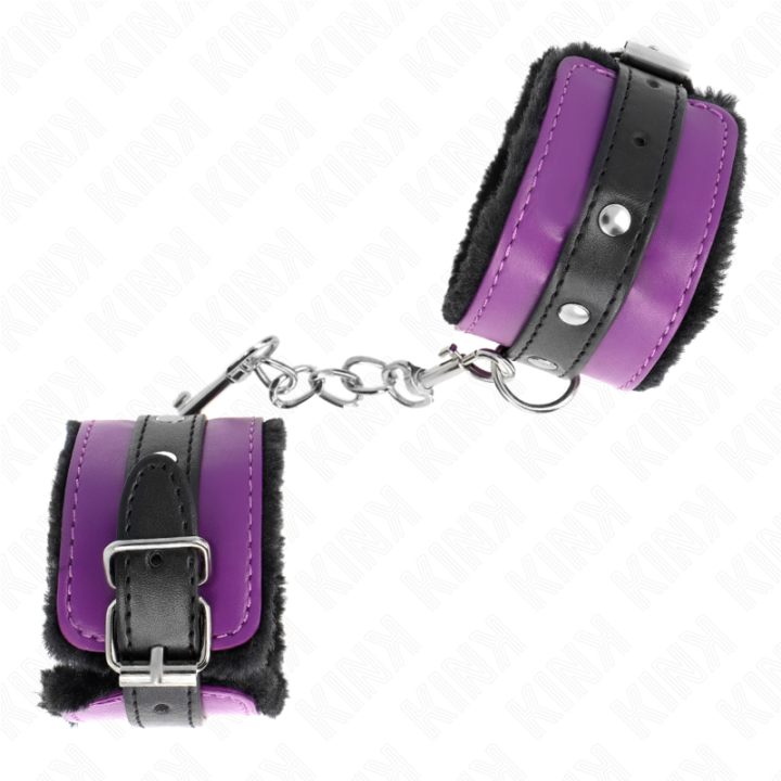 Kink - Premium Pelzgefütterte Handgelenkfesseln Schwarz Mit Lila / Schwarzer Gürtel Verstellbar 17-29 cm x 6 cm