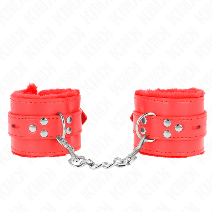 Kink - Polsini Imbottiti in Pelliccia Con Fori Quadri Rosso e Cintura Rossa Regolabile 17-29 cm x 6 cm