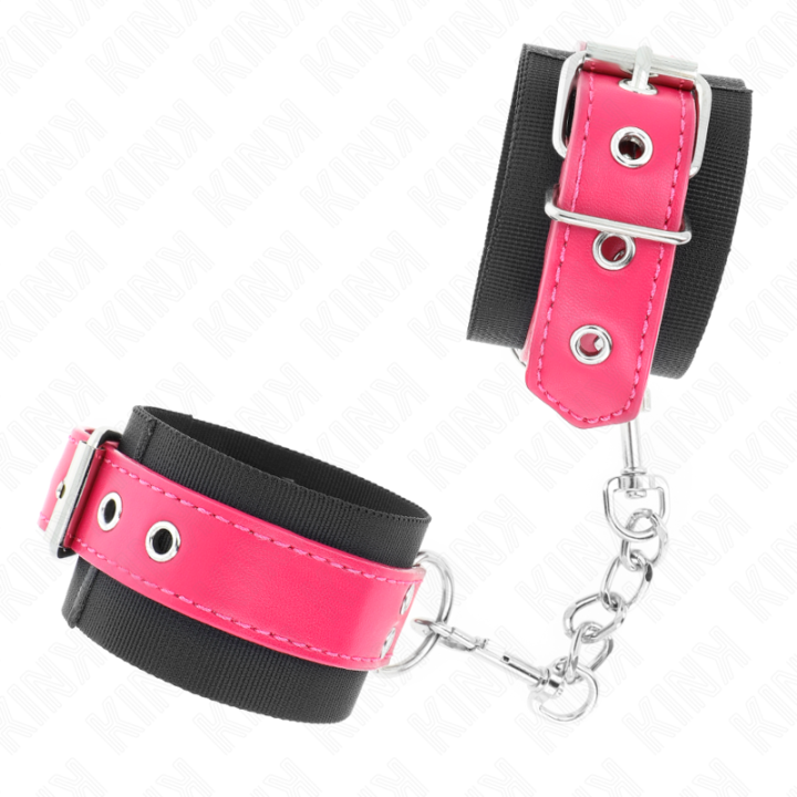 Kink - Nylon Wrist Restraints Black With Leatherette Belt Raspberry Rose Adjustable 19-29 cm x 5.1 cm