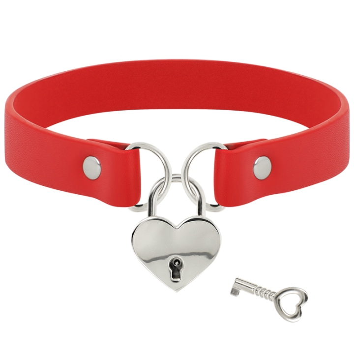 Coquette Chic Desire - Colar de Couro Vegano Vermelho Com Acessório de Corao Com Chave