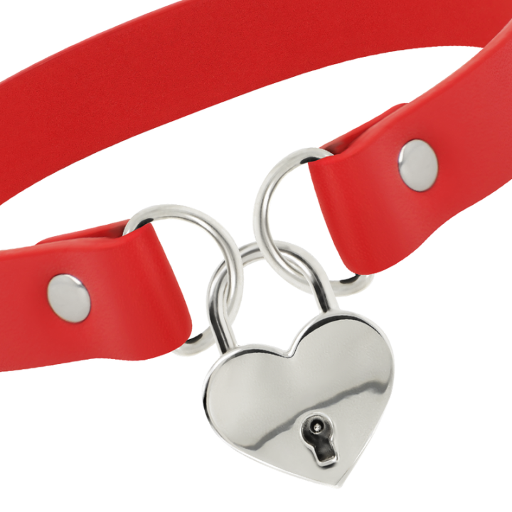 Coquette Chic Desire - Colar de Couro Vegano Vermelho Com Acessório de Corao Com Chave