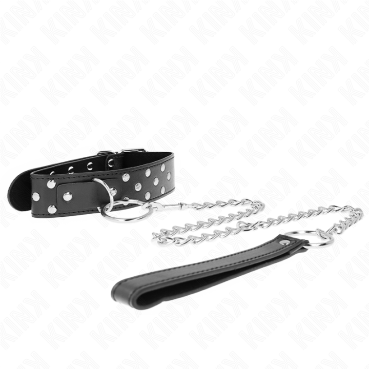 Kink - Collar Con Correa 65 cm Remache Anilla Negro Ajustable 36-50 cm x 3.8 cm