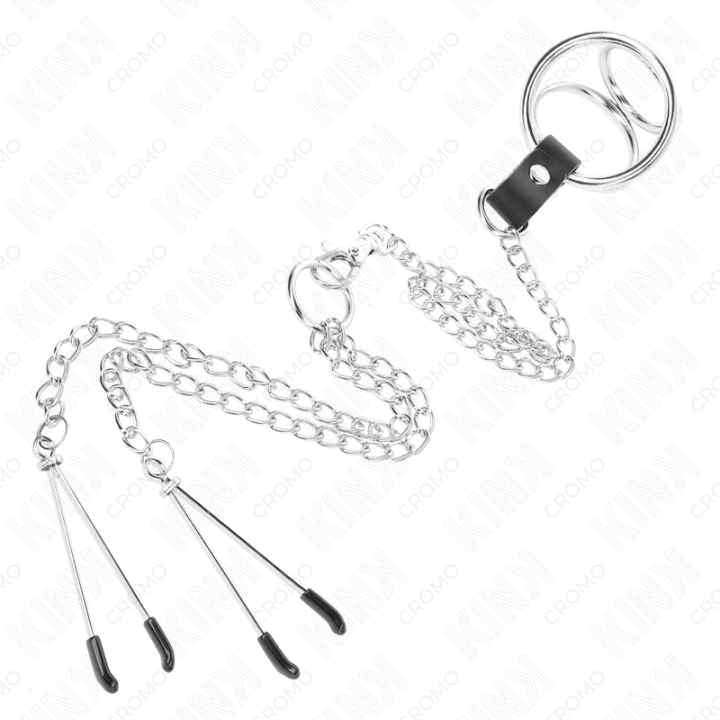 Kink - Anello Per Pene in Metallo Cromato Triplo da 3 cm a 4,5 cm Con Catena in Metallo da 26 cm e Clip Per Capezzoli