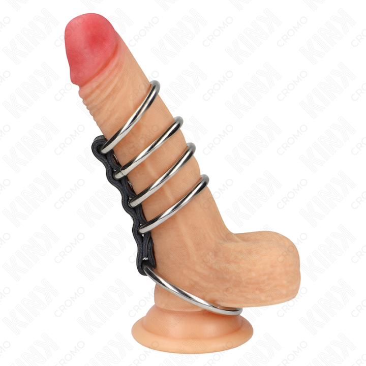 Kink - 5 Anéis de Pênis de 3,7 cm a 5 cm de Metal Conectados Por Couro
