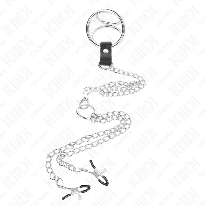 Kink - Anel de Pênis de Metal Triplo Cromado de 3 cm a 4,5 cm Com Corrente de Metal de 26 cm e Clipes de Mamilo