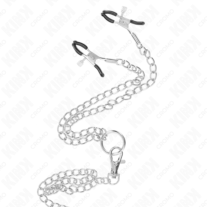 Kink - Anello Per Pene in Metallo Cromato Triplo da 3 cm a 4,5 cm Con Catena in Metallo da 26 cm e Clip Per Capezzoli