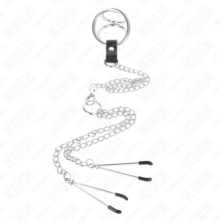 Kink - Anello Per Pene in Metallo Cromato Triplo da 3,8 cm a 5 cm, Catena in Metallo da 26 cm e Morsetti Per Capezzoli Mod. 2