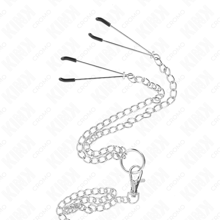 Kink - Anel de Pênis Triplo de Metal Cromado de 3,8 cm a 5 cm Com Corrente de Metal de 26 cm e Grampos de Mamilos Modelo 2