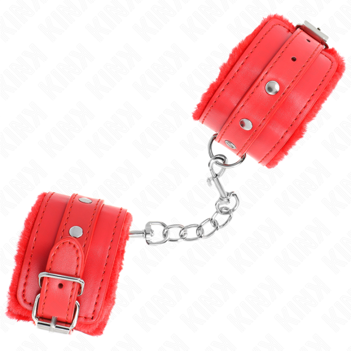 Kink - Premium Fur Lined Wrist Restraints Red With Red Belt Adjustable 17-29 cm x 6 cm