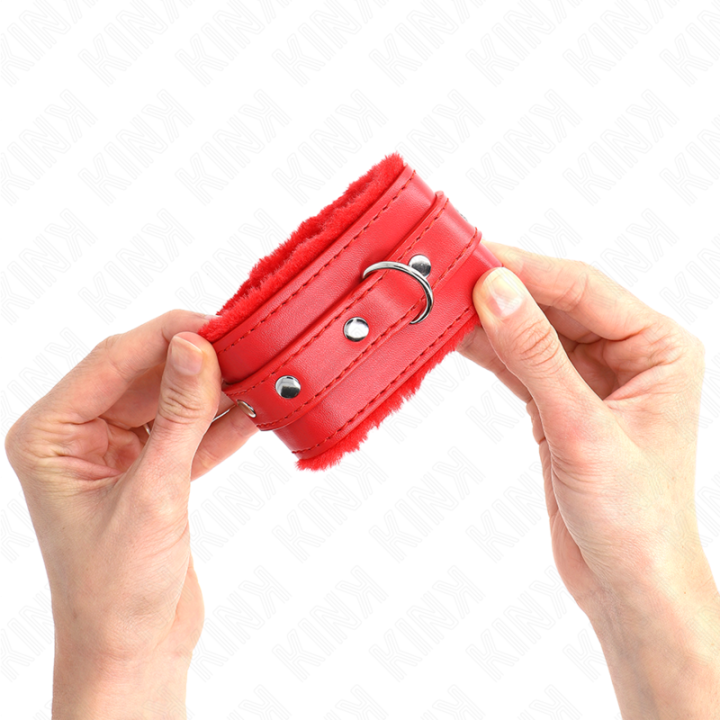 Kink - Premium Fur Lined Wrist Restraints Red With Red Belt Adjustable 17-29 cm x 6 cm