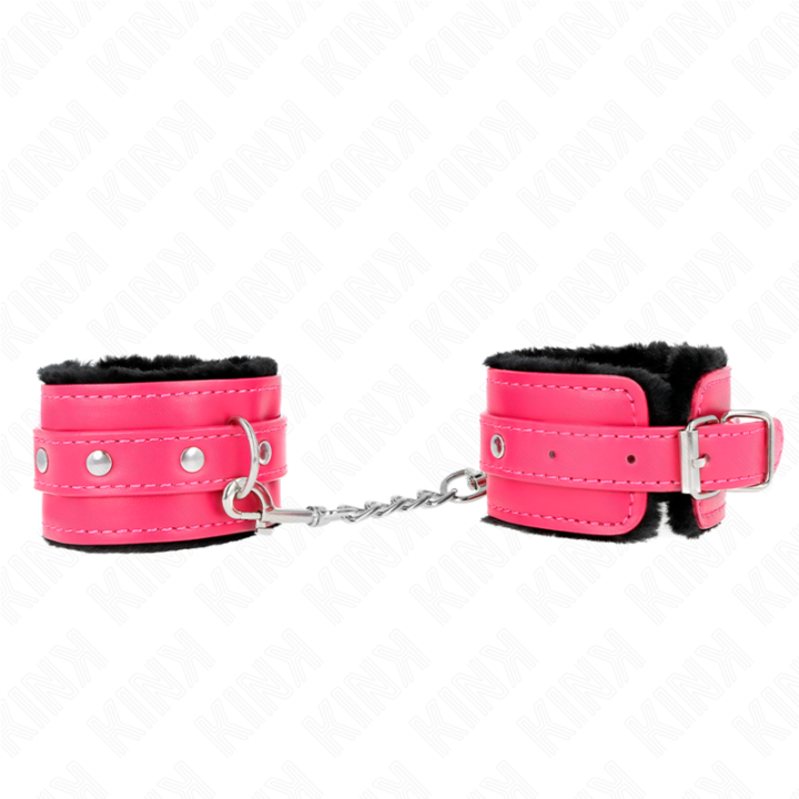 Kink - Premium Fur Lined Wrist Restraints Black With Raspberry Rose Belt Adjustable 17-29 cm x 6 cm