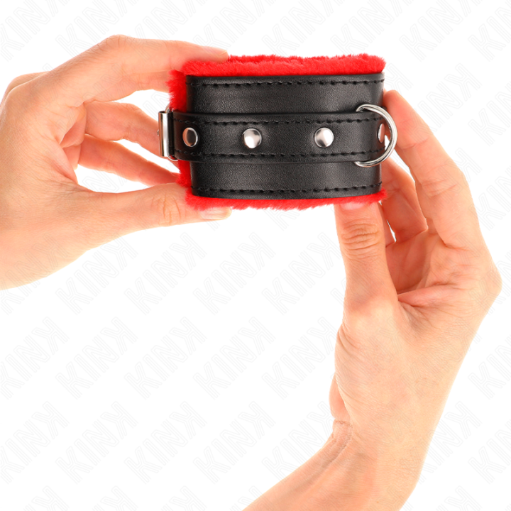 Kink - Premium Fur Lined Wrist Restraints Red With Black Belt Adjustable 17-29 cm x 6 cm