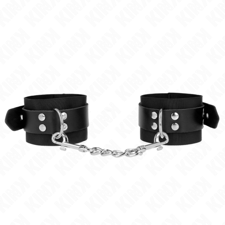 Kink - Nylon Wrist Restraints Black With Leather Belt Black Adjustable 19-29 cm x 5.1 cm