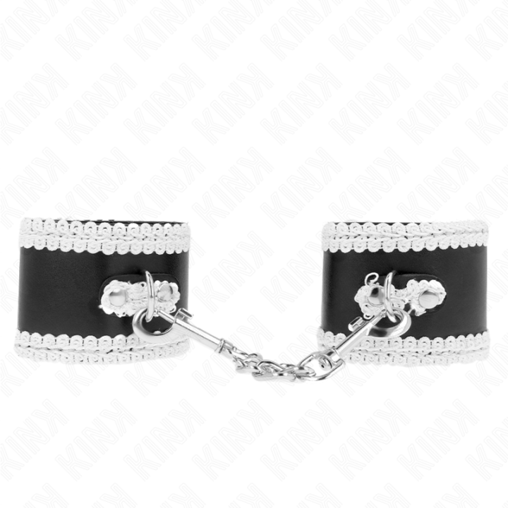 Kink - Black Wrist Restraints With White Decorate Lace Adjsutable 20-23 cm x 5.5 cm