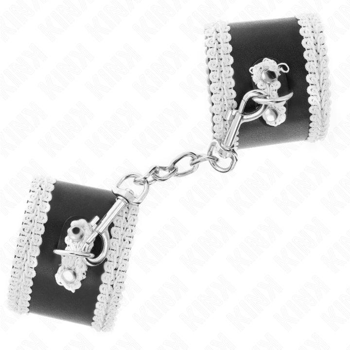Kink - Black Wrist Restraints With White Decorate Lace Adjsutable 20-23 cm x 5.5 cm