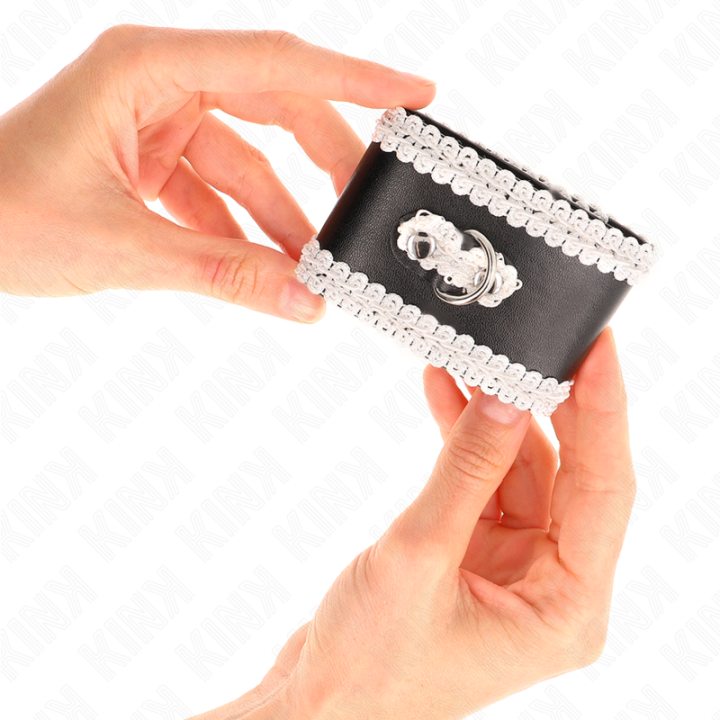 Kink - Black Wrist Restraints With White Decorate Lace Adjsutable 20-23 cm x 5.5 cm
