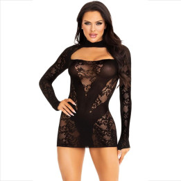 Leg Avenue - Mini Vestido de Encaje Con Manga Larga Negro