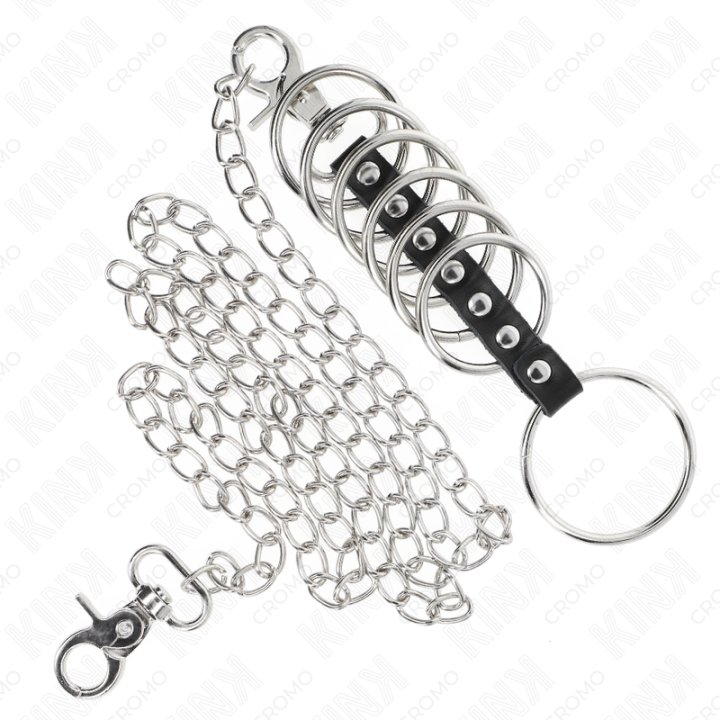 Kink - 7 Anéis de Metal de 3,8 cm a 5 cm Conectados Com Couro e Corrente de Metal 100 cm