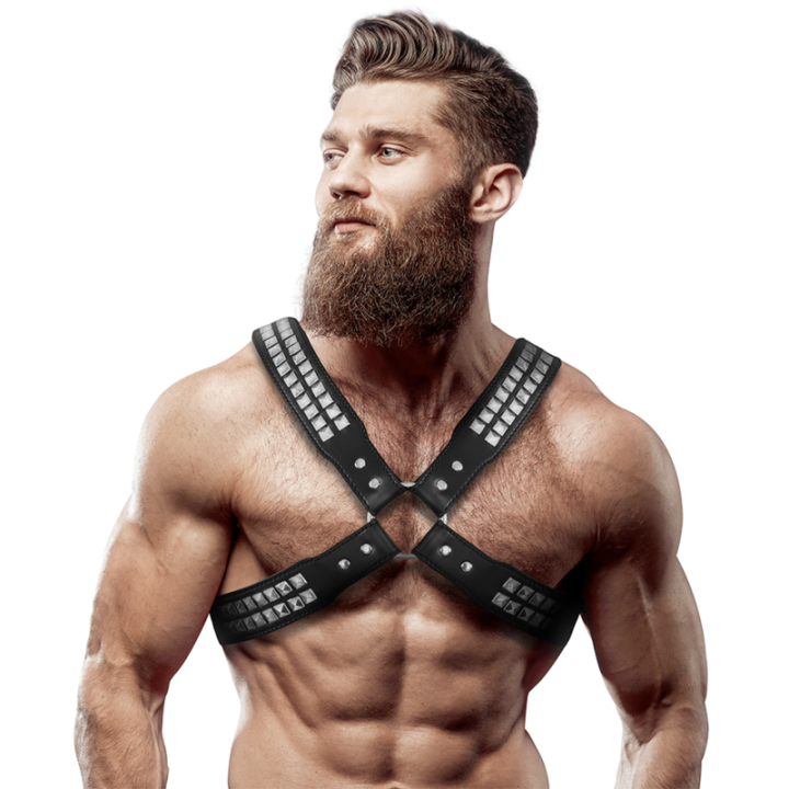 Fetish Submissive Attitude - Mens Crossed Chest Eco-Leather Harness With Rivets