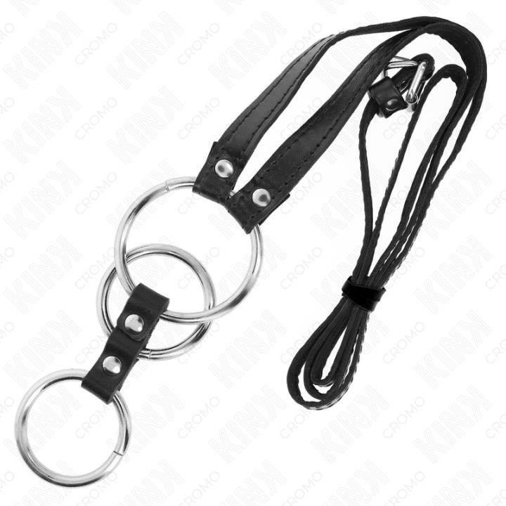 Kink - Anel de Pênis Triplo de Metal 3,8 cm a 5 cm Com Cinto de Couro 112 cm