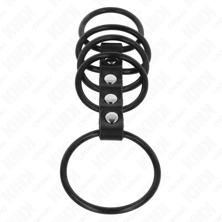 Kink - 5 Silicone Penis Rings 3.8 cm to 4.8 cm Connected by Leather