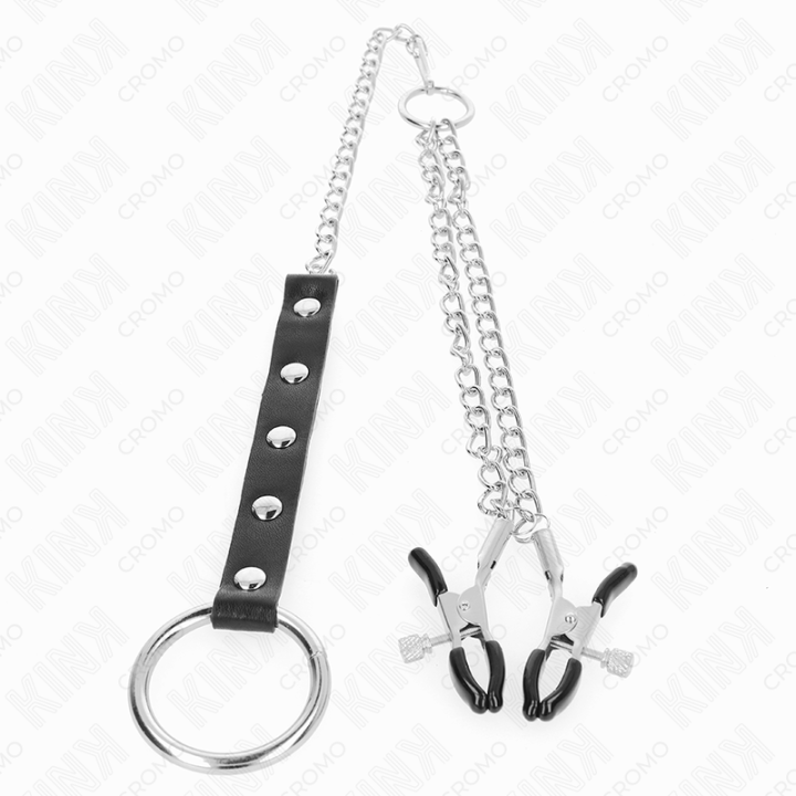 Kink - Anel de Pênis de Metal Com Corrente e Grampos de Mamilo Ajustáveis