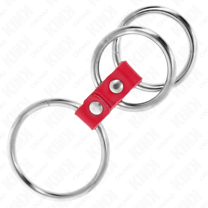 Kink - Triple Metal Penis Ring 3.7 cm to 5 cm Connected With Red Leather