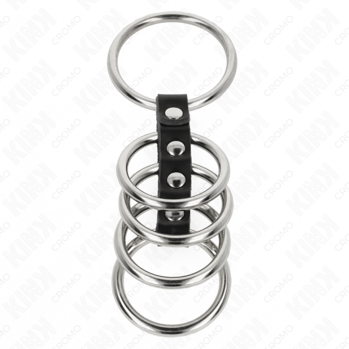 Kink - 5 Anelli Per Pene da 3,7 cm a 5 cm Metallo Collegati da Pelle