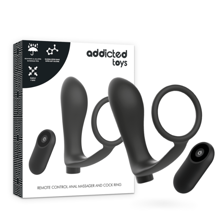 Addicted Toys - Anneau Pénis Avec Télécommande Plug Anal Noir Rechargeable