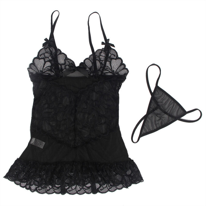 Subblime - Babydoll Com Alas Ajustveis e Renda Transparente Estampado Floral Preto s/m