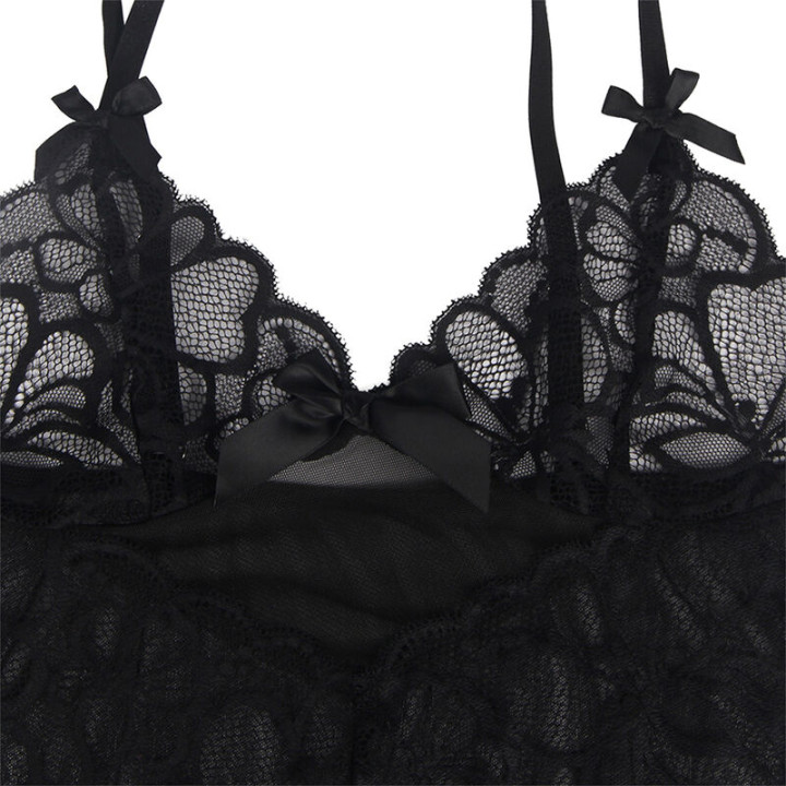 Subblime - Baby Doll Con Spalline Regolabili e Pizzo Trasparente Stampa Floreale Nero l/xl