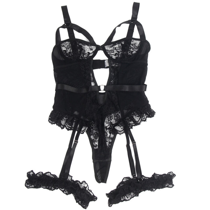 Subblime - Teddy Mit Strumpfband Mit Spitzendetail Und Streifen Schwarz l/xl
