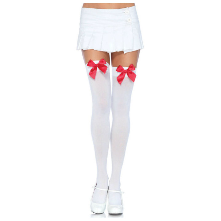 Leg Avenue - Coxas em Nylon Com Lao Branco / Vermelho