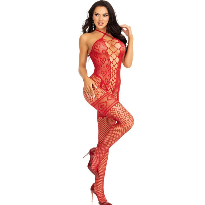 Leg Avenue - Bodystocking Cavezza Collo Rosso Cuori Rossi