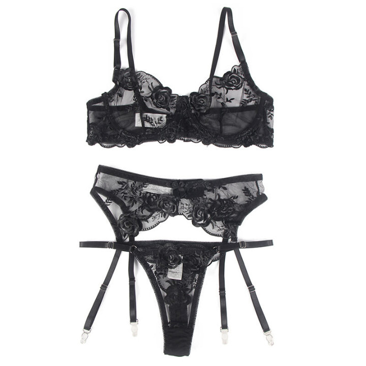 Subblime - Ensemble 3 Pièces Soutien-Gorge + String + Jarretière Imprimé Floral Noir s/m