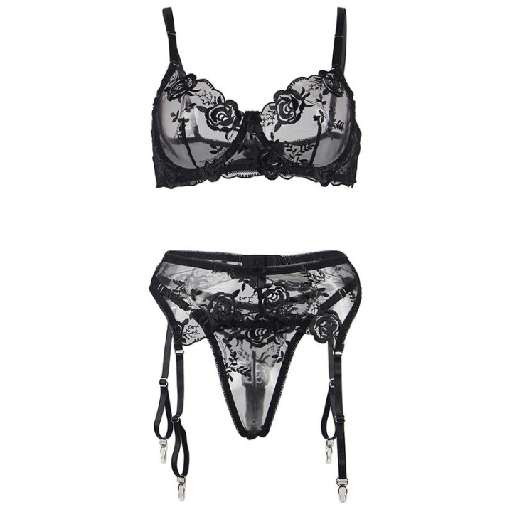 Subblime - 3-Teiliges Set bh + String + Strumpfband Blumenprint Schwarz s/m