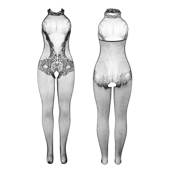 Subblime - 951801 Bodystocking Résille et Dentelle Sans Fourreau Col Montant Noir Taille Unique