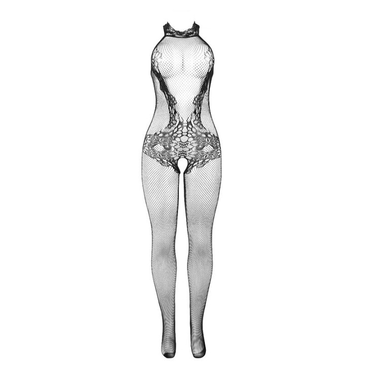 Subblime - 951801 Fishnet And Lace Crotchless Bodystocking With High Neck Black One Size