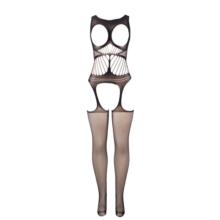 Subblime - 951900 Fishnet Crotchless Bodystocking With Cup And Open Shoulders Black One Size