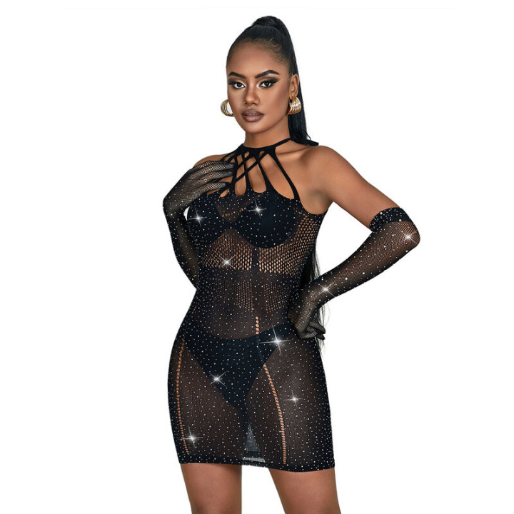 Subblime - 952235 Fishnet Dress With Rhinestones Black One Size