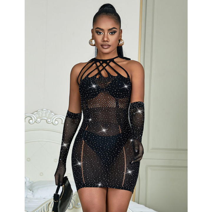 Subblime - 952235 Fishnet Dress With Rhinestones Black One Size