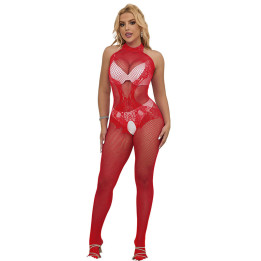 Subblime - 952372 Bodystocking Résille et Dentelle Sans Fourrure Col Montant Rouge Taille Unique