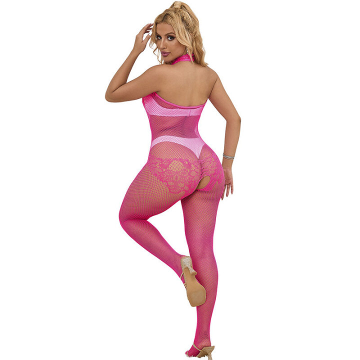 Subblime - 952389 Bodystocking Résille et Dentelle Sans Fourrure Avec Col Montant Rose Taille Unique