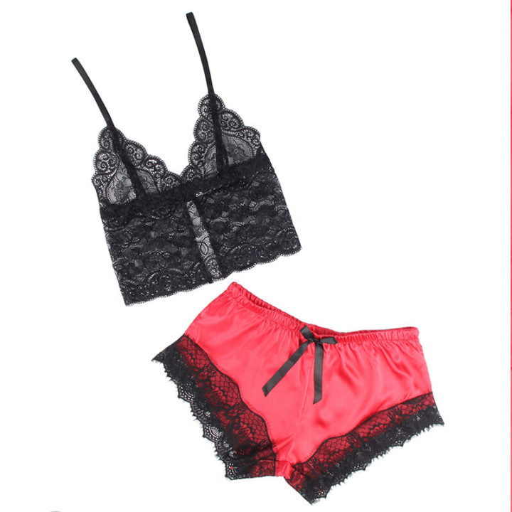 Subblime - 953959 Pijama Sexy Saten y Encaje Negro/Rojo s/m