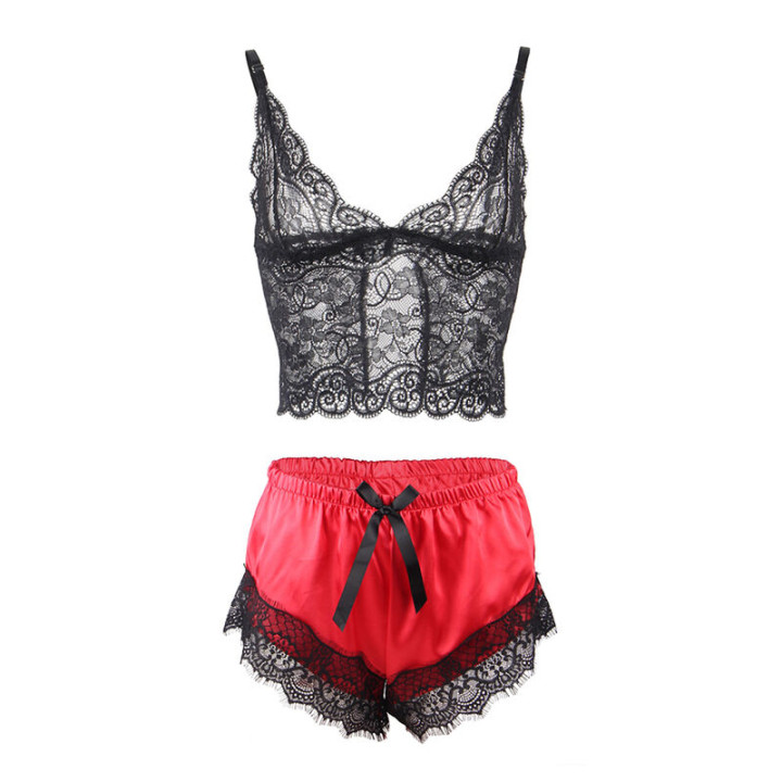 Subblime - 953959 Lässige Seidennachthemd + Spitzenhose Schwarz/Rot s/m