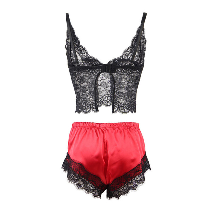 Subblime - 953959 Camicia da Notte Casual in Seta + Pantaloni in Pizzo Nero/Rosso s/m
