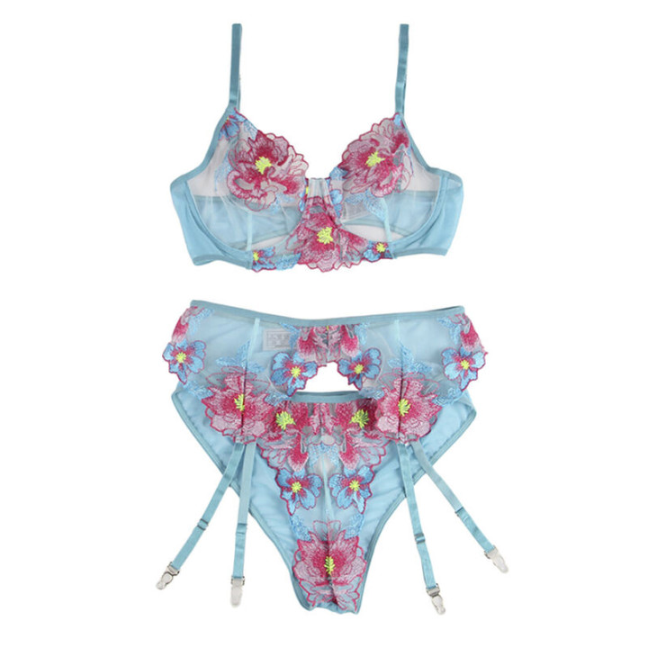 Subblime - 954109 Sutiã + Calcinha Com Cinto-Liga Design Floral Azul s/m